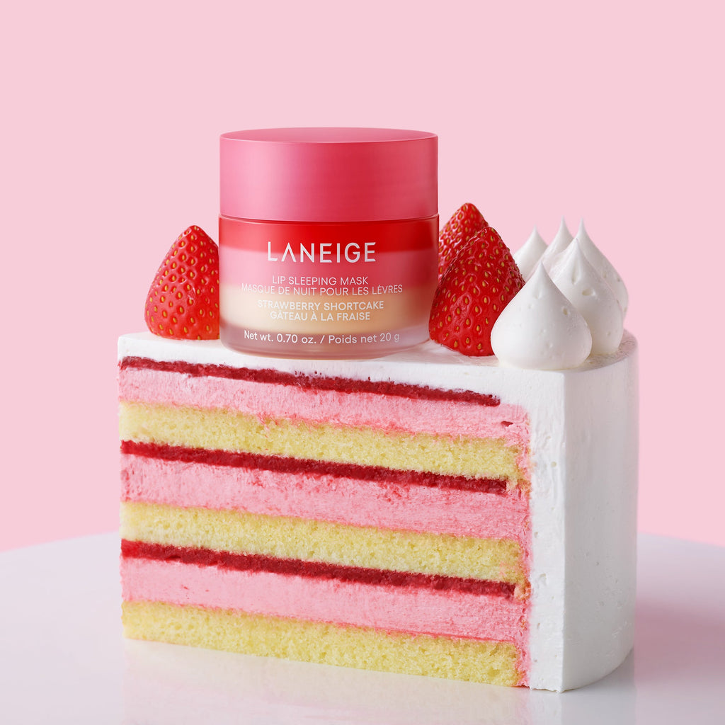 Lip Sleeping Mask;;color::Strawberry Shortcake product image on top of a slice of strawberry shortcake dessert