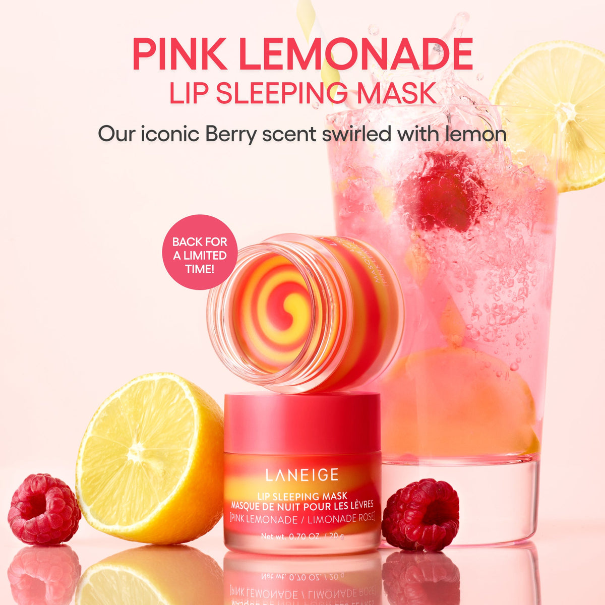 Pink Lemonade lip sleeping mask with glass of pink lemonade. limited edition scent