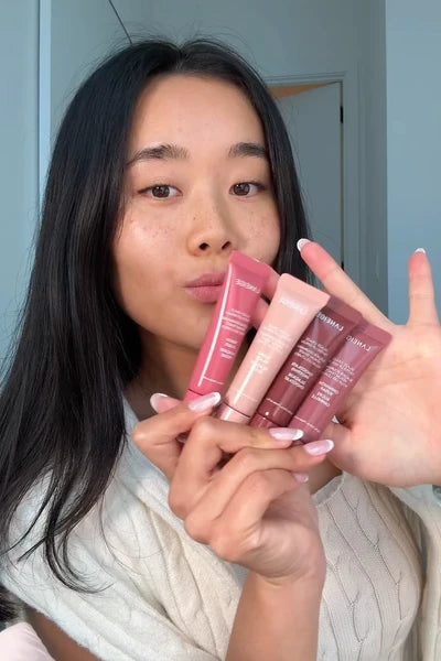 Laneige applying Glaze Craze Tinted Lip Serum in PEACH GLAZE (PEACHY CORAL) and SUGAR GLAZE (NUDE BEIGE) and CINNAMON SUGAR (MAUVE PINK) and CHOCOLATE FROSTING (WARM BROWN)
