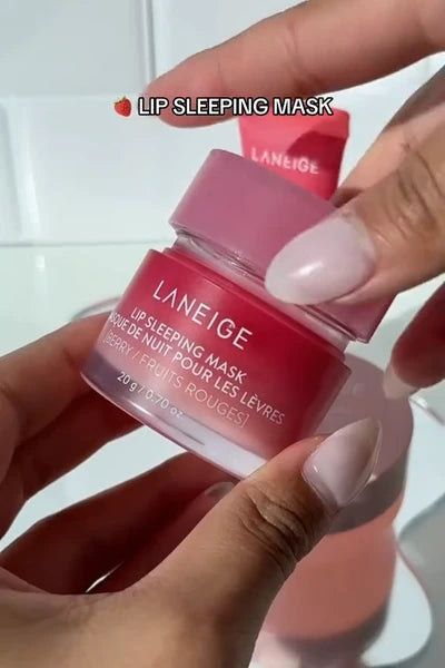 Laneige applying Lip Sleeping Mask in Berry (Original) and 20 mL and Berry (Pink tint)